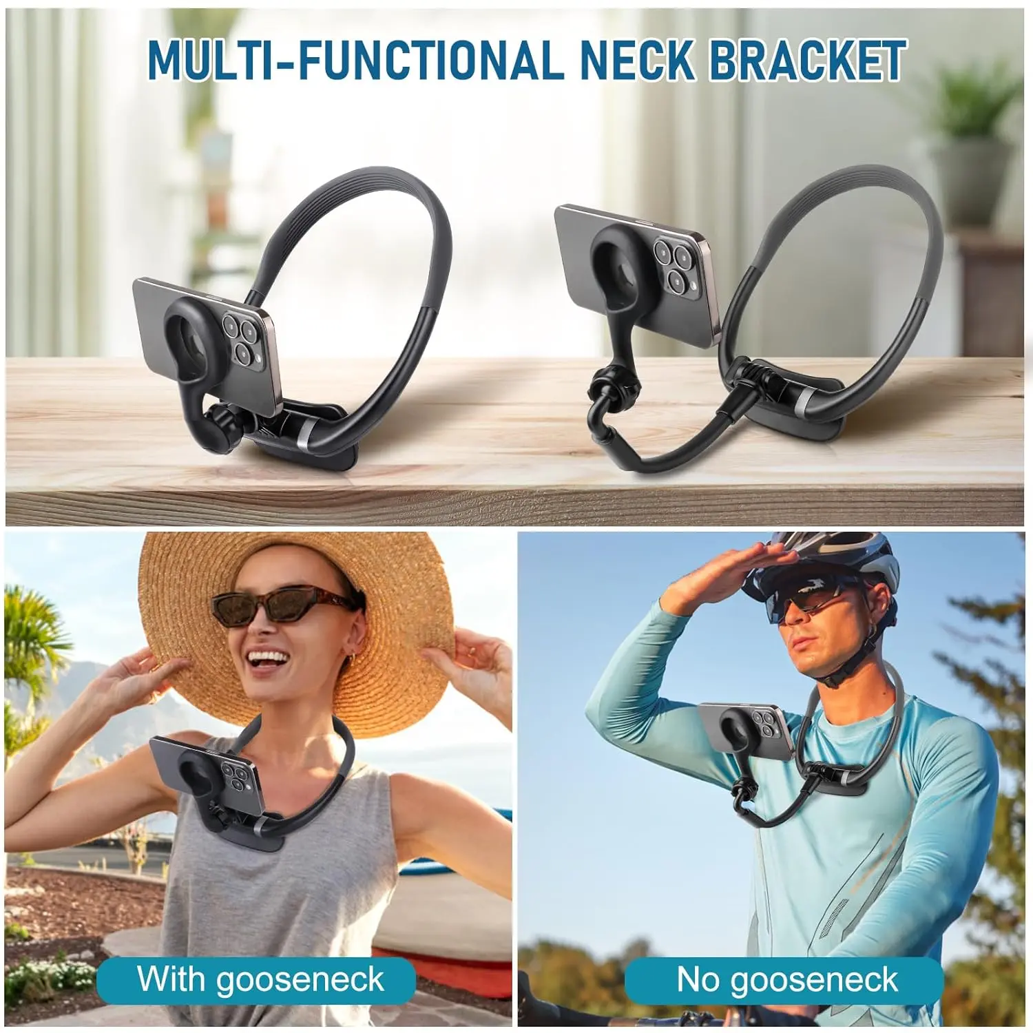 This magnetic neck phone holder allows hands-free POV shooting with adjustable angles and strong magnetic attachment, compatible with all smartphones and perfect for recording videos or watching movies on the go.