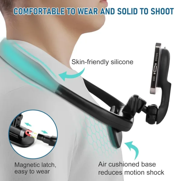This magnetic neck phone holder allows hands-free POV shooting with adjustable angles and strong magnetic attachment, compatible with all smartphones and perfect for recording videos or watching movies on the go.