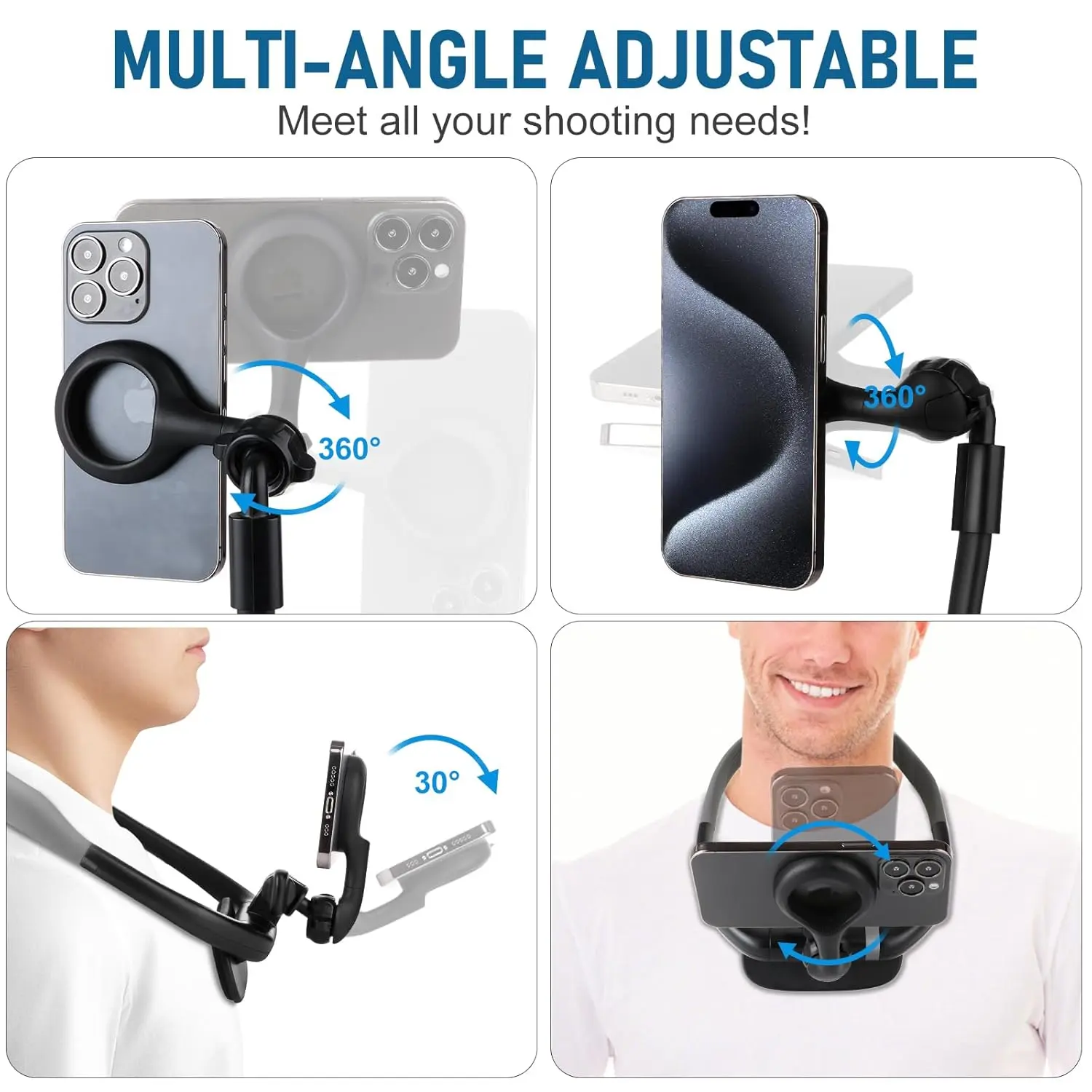 This magnetic neck phone holder allows hands-free POV shooting with adjustable angles and strong magnetic attachment, compatible with all smartphones and perfect for recording videos or watching movies on the go.