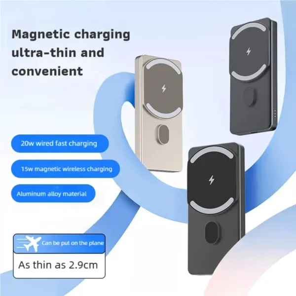 A slim, black magnetic power bank is wirelessly charging a smartphone, showcasing its compact design and convenient, hands-free charging capability.