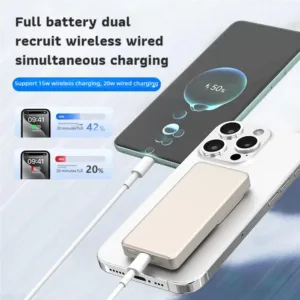 A slim, black magnetic power bank is wirelessly charging a smartphone, showcasing its compact design and convenient, hands-free charging capability.