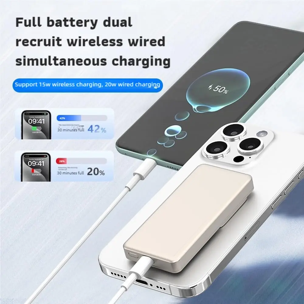 A slim, black magnetic power bank is wirelessly charging a smartphone, showcasing its compact design and convenient, hands-free charging capability.