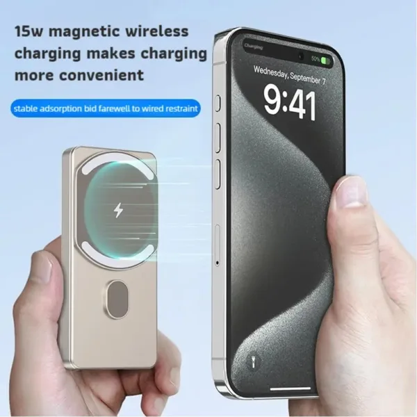 A slim, black magnetic power bank is wirelessly charging a smartphone, showcasing its compact design and convenient, hands-free charging capability.