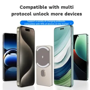 A slim, black magnetic power bank is wirelessly charging a smartphone, showcasing its compact design and convenient, hands-free charging capability.