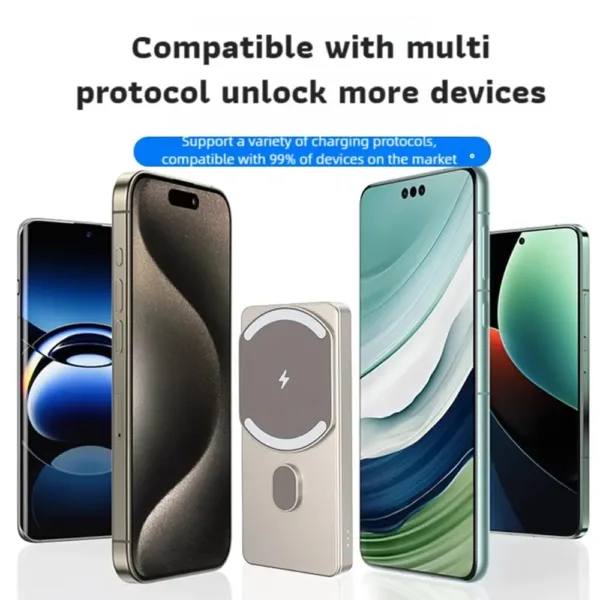 A slim, black magnetic power bank is wirelessly charging a smartphone, showcasing its compact design and convenient, hands-free charging capability.