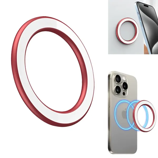 This red magnetic wall mount sticker securely holds an iPhone 12, 13, 14, 15, or 16, or a phone with a Magsafe compatible case, to any flat surface, freeing your hands.