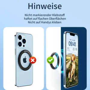 This red magnetic wall mount sticker securely holds an iPhone 12, 13, 14, 15, or 16, or a phone with a Magsafe compatible case, to any flat surface, freeing your hands.