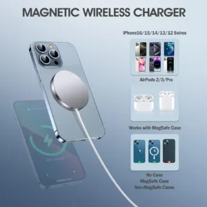 This image shows a 2-pack of black magnetic wireless chargers compatible with iPhone 14, 13, and 12 series, along with AirPods, featuring fast 15W charging and a USB/USB-C dual charging port.