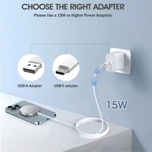 This image shows a 2-pack of black magnetic wireless chargers compatible with iPhone 14, 13, and 12 series, along with AirPods, featuring fast 15W charging and a USB/USB-C dual charging port.