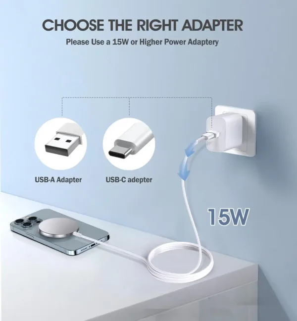 This image shows a 2-pack of black magnetic wireless chargers compatible with iPhone 14, 13, and 12 series, along with AirPods, featuring fast 15W charging and a USB/USB-C dual charging port.