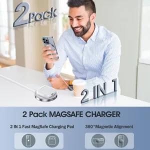 This image shows a 2-pack of black magnetic wireless chargers compatible with iPhone 14, 13, and 12 series, along with AirPods, featuring fast 15W charging and a USB/USB-C dual charging port.