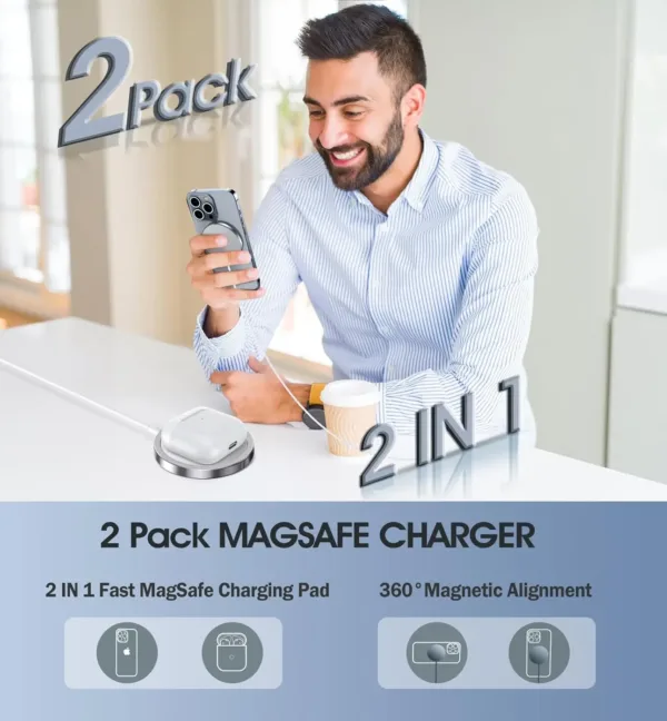 This image shows a 2-pack of black magnetic wireless chargers compatible with iPhone 14, 13, and 12 series, along with AirPods, featuring fast 15W charging and a USB/USB-C dual charging port.