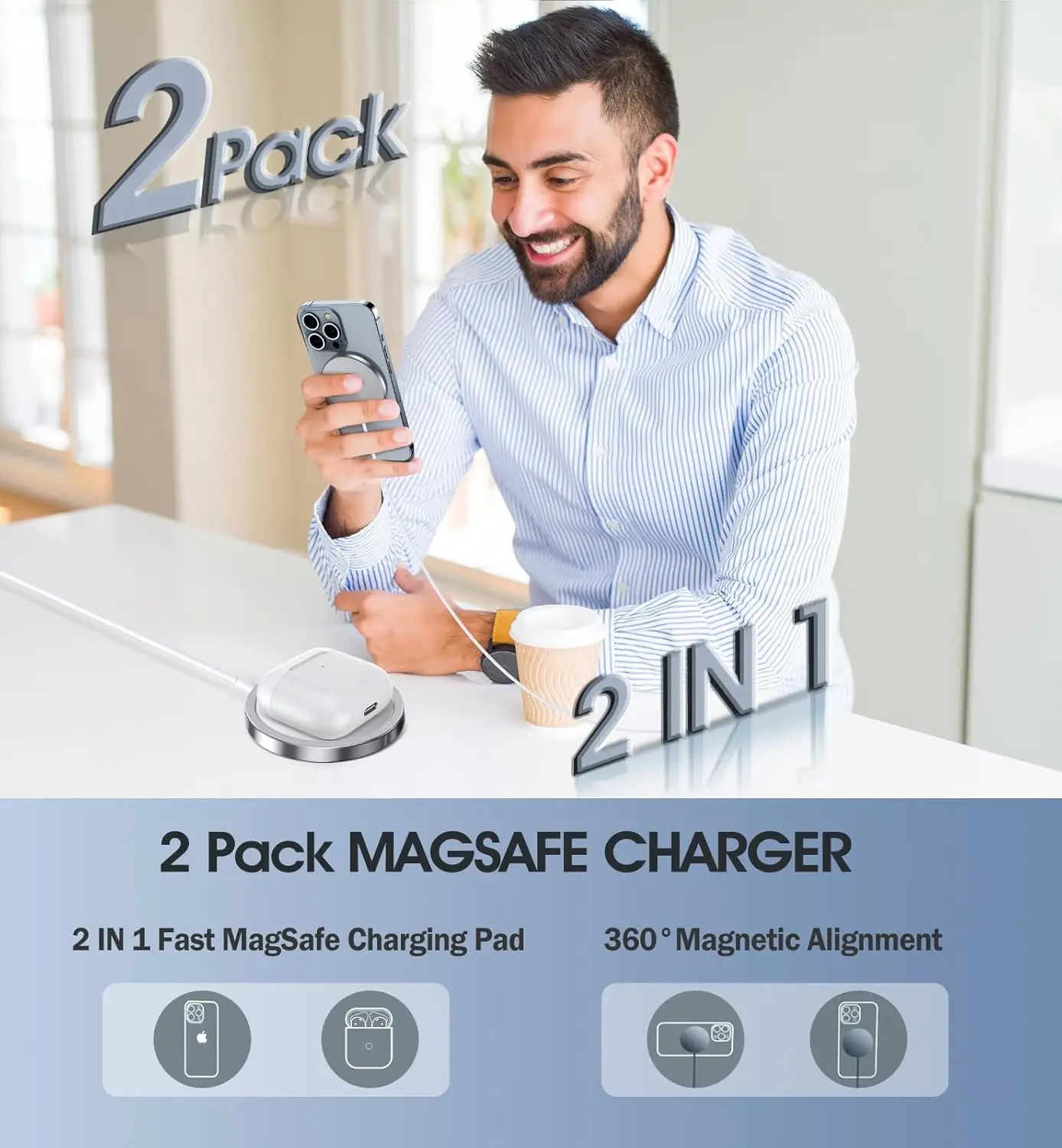 This image shows a 2-pack of black magnetic wireless chargers compatible with iPhone 14, 13, and 12 series, along with AirPods, featuring fast 15W charging and a USB/USB-C dual charging port.