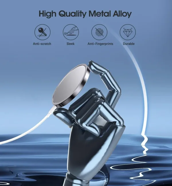 This image shows a 2-pack of black magnetic wireless chargers compatible with iPhone 14, 13, and 12 series, along with AirPods, featuring fast 15W charging and a USB/USB-C dual charging port.