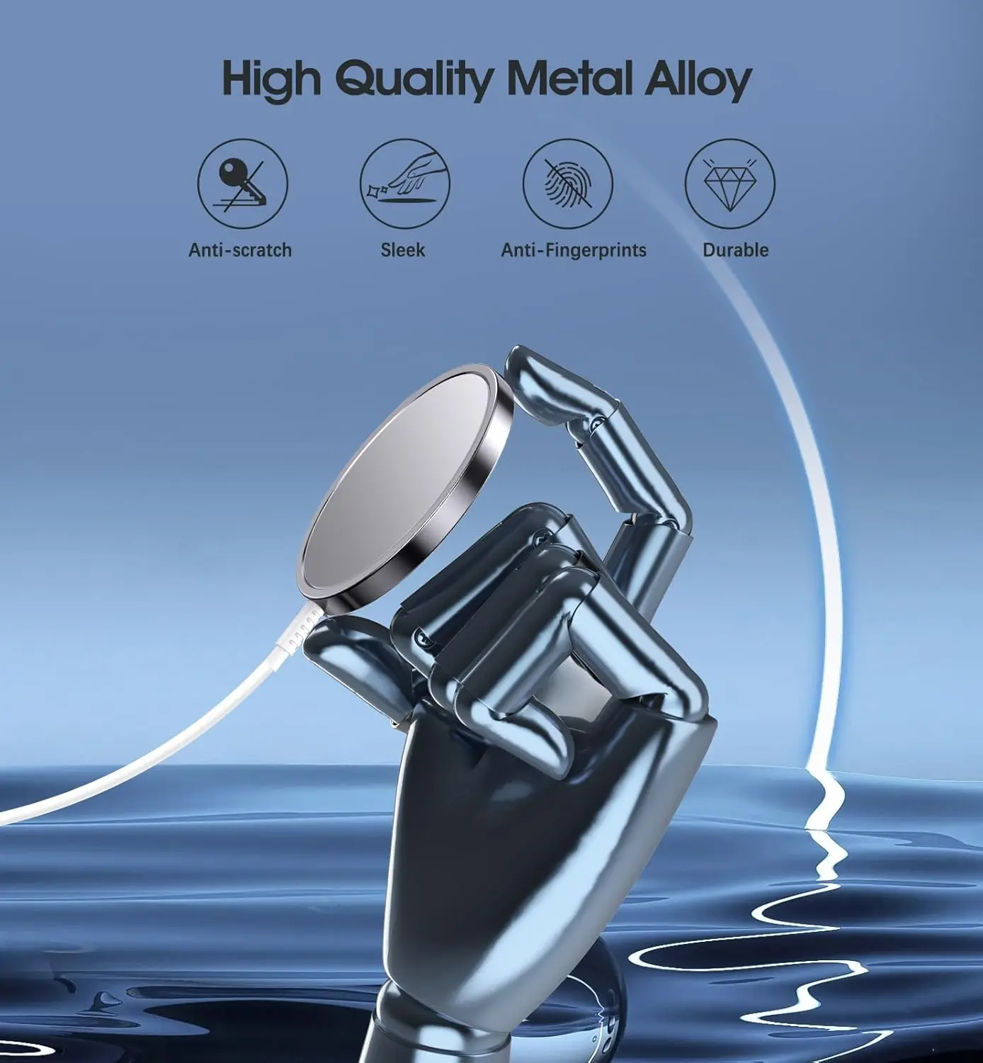 This image shows a 2-pack of black magnetic wireless chargers compatible with iPhone 14, 13, and 12 series, along with AirPods, featuring fast 15W charging and a USB/USB-C dual charging port.