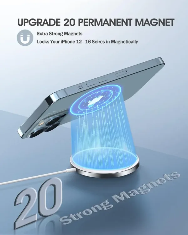 This image shows a 2-pack of black magnetic wireless chargers compatible with iPhone 14, 13, and 12 series, along with AirPods, featuring fast 15W charging and a USB/USB-C dual charging port.