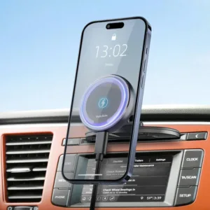 This MagSafe car mount charger securely holds an iPhone 16/15/14/13 and provides 15W fast wireless charging while conveniently attaching to a CD slot or dashboard using an included 3M adhesive pad.