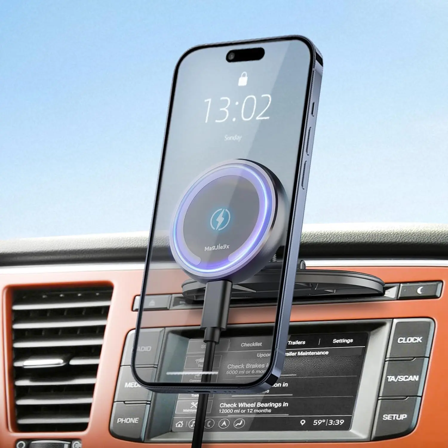 This MagSafe car mount charger securely holds an iPhone 16/15/14/13 and provides 15W fast wireless charging while conveniently attaching to a CD slot or dashboard using an included 3M adhesive pad.