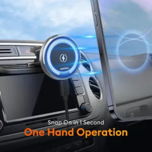 This MagSafe car mount charger securely holds an iPhone 16/15/14/13 and provides 15W fast wireless charging while conveniently attaching to a CD slot or dashboard using an included 3M adhesive pad.