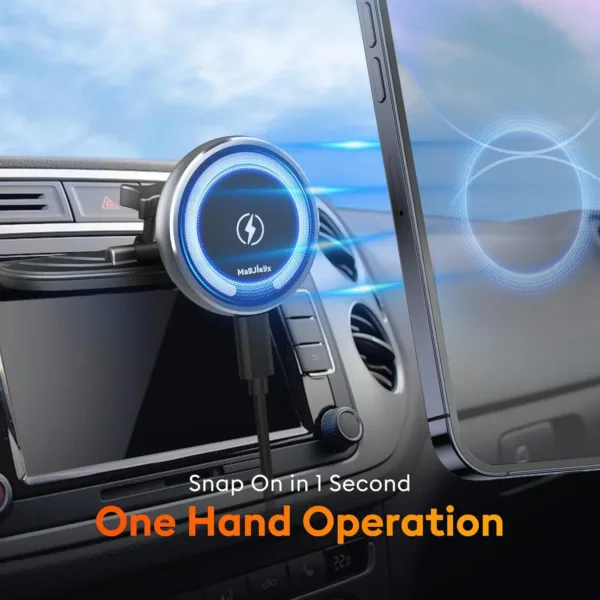 This MagSafe car mount charger securely holds an iPhone 16/15/14/13 and provides 15W fast wireless charging while conveniently attaching to a CD slot or dashboard using an included 3M adhesive pad.