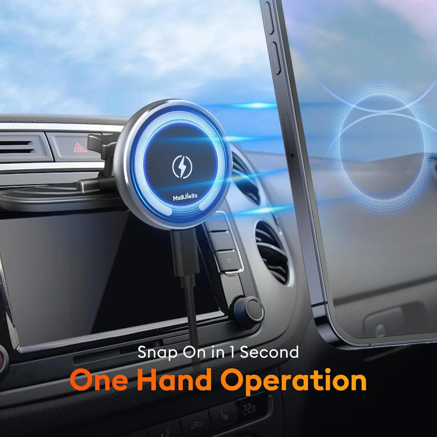 This MagSafe car mount charger securely holds an iPhone 16/15/14/13 and provides 15W fast wireless charging while conveniently attaching to a CD slot or dashboard using an included 3M adhesive pad.