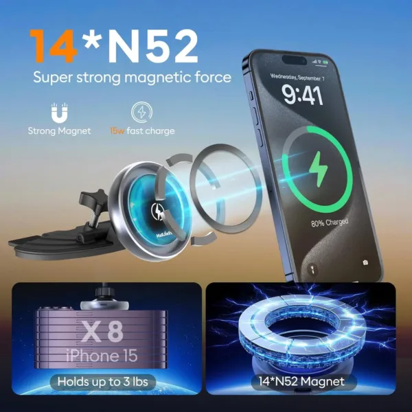 This MagSafe car mount charger securely holds an iPhone 16/15/14/13 and provides 15W fast wireless charging while conveniently attaching to a CD slot or dashboard using an included 3M adhesive pad.