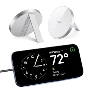 This white ESR MagSafe-compatible wireless charger features a built-in kickstand and a removable 5 ft USB-C cable for conveniently charging iPhone 12 to 17 and AirPods 4.