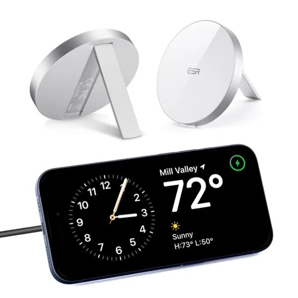 This white ESR MagSafe-compatible wireless charger features a built-in kickstand and a removable 5 ft USB-C cable for conveniently charging iPhone 12 to 17 and AirPods 4.