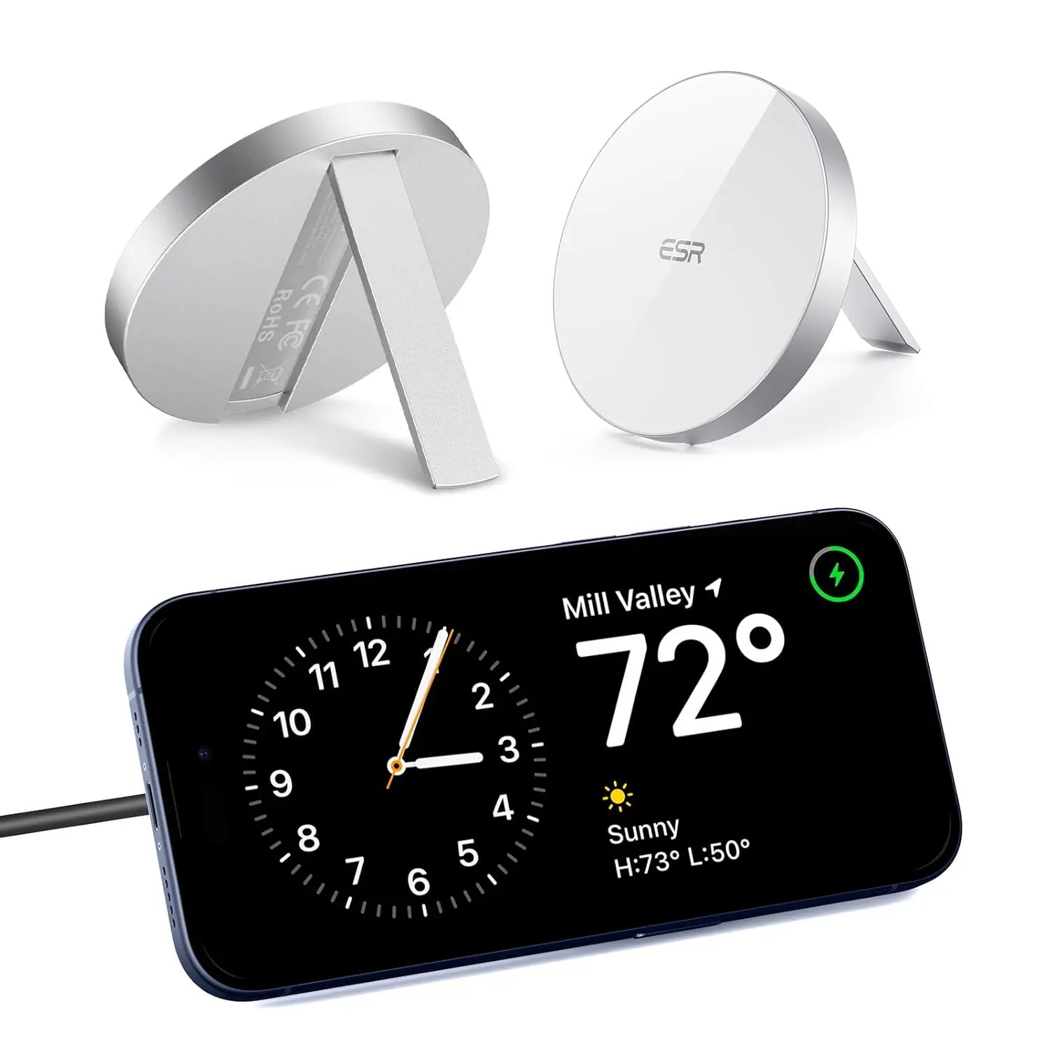 This white ESR MagSafe-compatible wireless charger features a built-in kickstand and a removable 5 ft USB-C cable for conveniently charging iPhone 12 to 17 and AirPods 4.