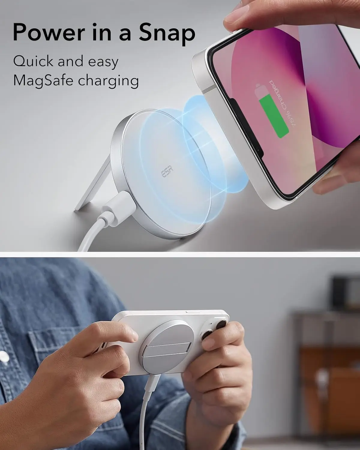 This white ESR MagSafe-compatible wireless charger features a built-in kickstand and a removable 5 ft USB-C cable for conveniently charging iPhone 12 to 17 and AirPods 4.