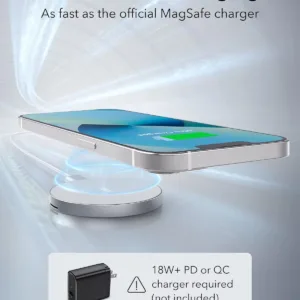 This white ESR MagSafe-compatible wireless charger features a built-in kickstand and a removable 5 ft USB-C cable for conveniently charging iPhone 12 to 17 and AirPods 4.
