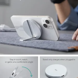 This white ESR MagSafe-compatible wireless charger features a built-in kickstand and a removable 5 ft USB-C cable for conveniently charging iPhone 12 to 17 and AirPods 4.