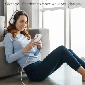 This white ESR MagSafe-compatible wireless charger features a built-in kickstand and a removable 5 ft USB-C cable for conveniently charging iPhone 12 to 17 and AirPods 4.