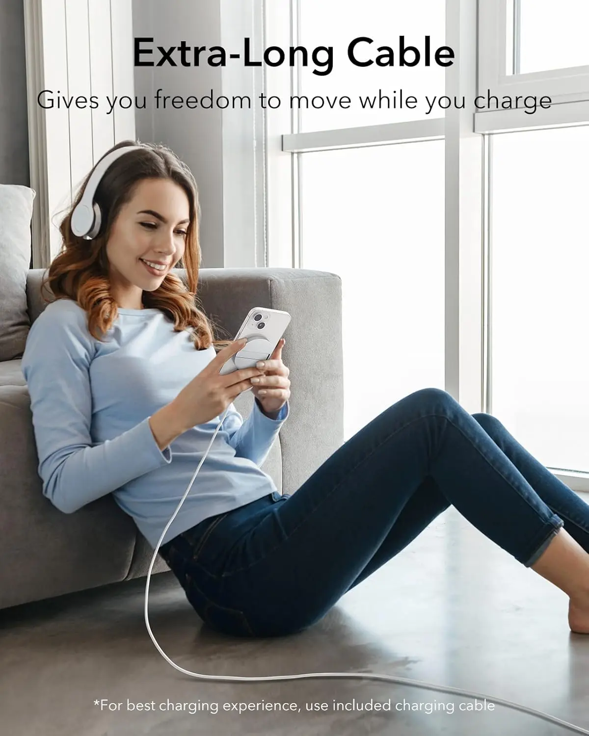 This white ESR MagSafe-compatible wireless charger features a built-in kickstand and a removable 5 ft USB-C cable for conveniently charging iPhone 12 to 17 and AirPods 4.