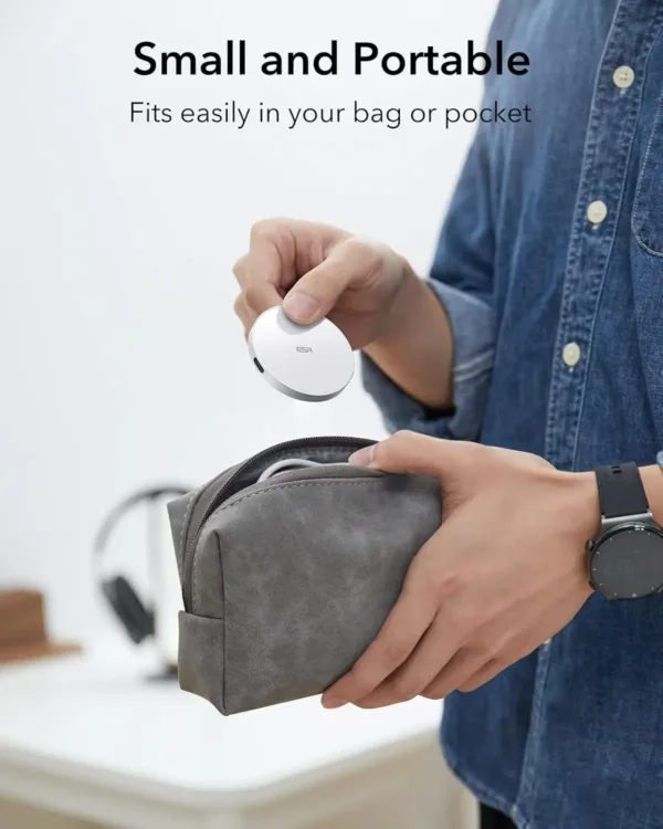 This white ESR MagSafe-compatible wireless charger features a built-in kickstand and a removable 5 ft USB-C cable for conveniently charging iPhone 12 to 17 and AirPods 4.