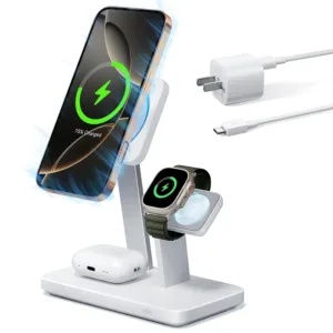 This is a white ESR 3-in-1 MagSafe charger stand, compatible with iPhone, Apple Watch, and AirPods, featuring 15W fast wireless charging, CryoBoost cooling technology, and portrait/landscape viewing.