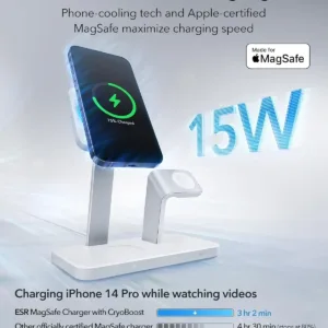 This is a white ESR 3-in-1 MagSafe charger stand, compatible with iPhone, Apple Watch, and AirPods, featuring 15W fast wireless charging, CryoBoost cooling technology, and portrait/landscape viewing.