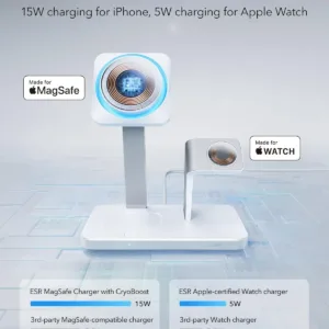 This is a white ESR 3-in-1 MagSafe charger stand, compatible with iPhone, Apple Watch, and AirPods, featuring 15W fast wireless charging, CryoBoost cooling technology, and portrait/landscape viewing.