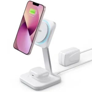 This is a white ESR 3-in-1 MagSafe charger stand, compatible with iPhone, Apple Watch, and AirPods, featuring 15W fast wireless charging, CryoBoost cooling technology, and portrait/landscape viewing.