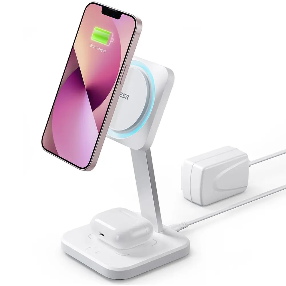 This is a white ESR 3-in-1 MagSafe charger stand, compatible with iPhone, Apple Watch, and AirPods, featuring 15W fast wireless charging, CryoBoost cooling technology, and portrait/landscape viewing.
