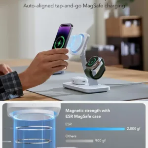 This is a white ESR 3-in-1 MagSafe charger stand, compatible with iPhone, Apple Watch, and AirPods, featuring 15W fast wireless charging, CryoBoost cooling technology, and portrait/landscape viewing.