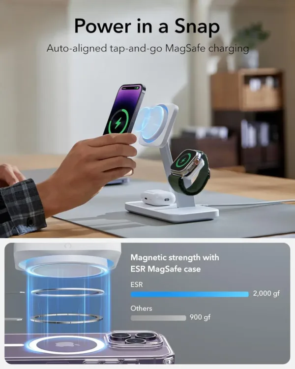 This is a white ESR 3-in-1 MagSafe charger stand, compatible with iPhone, Apple Watch, and AirPods, featuring 15W fast wireless charging, CryoBoost cooling technology, and portrait/landscape viewing.