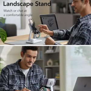 This is a white ESR 3-in-1 MagSafe charger stand, compatible with iPhone, Apple Watch, and AirPods, featuring 15W fast wireless charging, CryoBoost cooling technology, and portrait/landscape viewing.