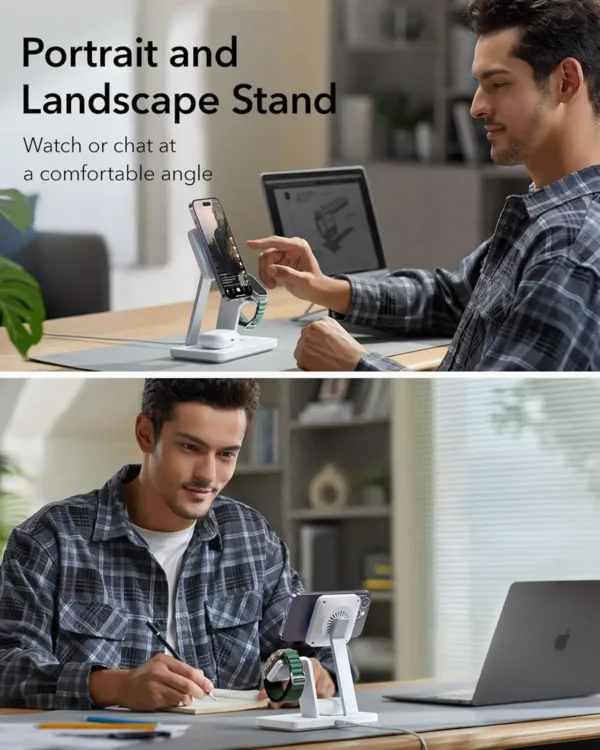 This is a white ESR 3-in-1 MagSafe charger stand, compatible with iPhone, Apple Watch, and AirPods, featuring 15W fast wireless charging, CryoBoost cooling technology, and portrait/landscape viewing.