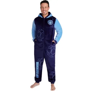 This is an official Manchester City FC onesie for men and teens, made of soft fleece with a hood, zip front, and pockets, perfect for lounging or showing team spirit.