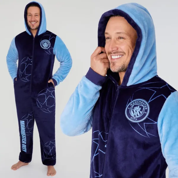 This is an official Manchester City FC onesie for men and teens, made of soft fleece with a hood, zip front, and pockets, perfect for lounging or showing team spirit.