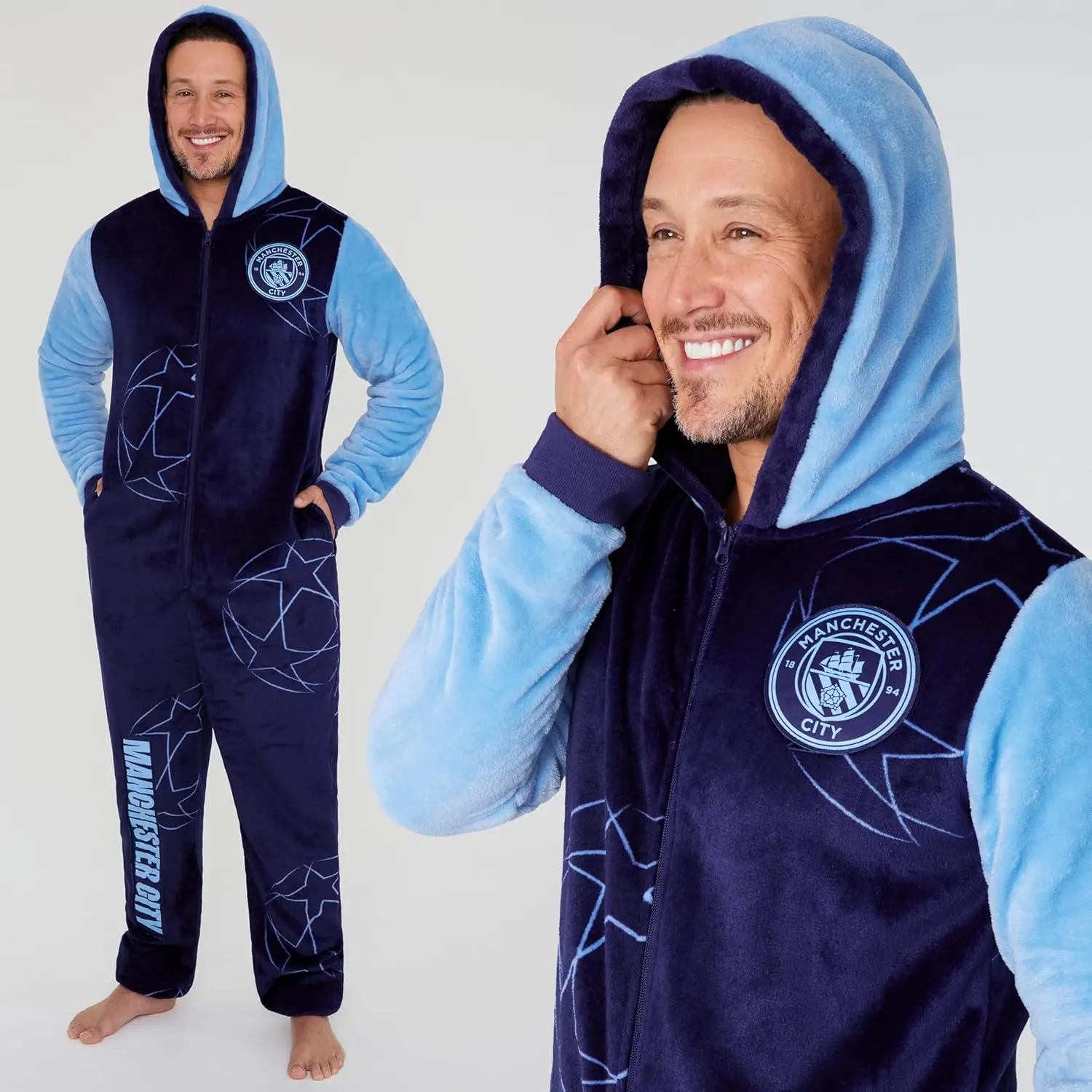 This is an official Manchester City FC onesie for men and teens, made of soft fleece with a hood, zip front, and pockets, perfect for lounging or showing team spirit.