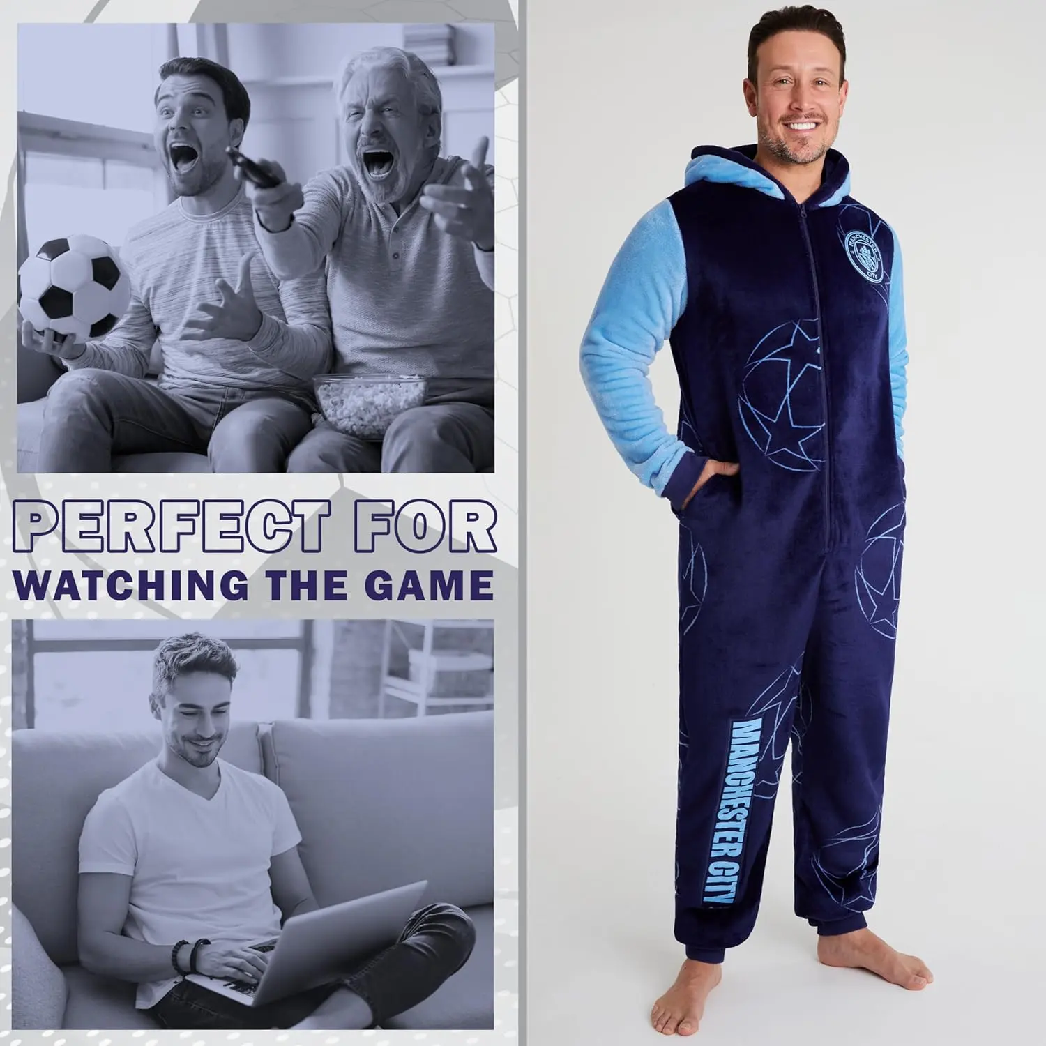 This is an official Manchester City FC onesie for men and teens, made of soft fleece with a hood, zip front, and pockets, perfect for lounging or showing team spirit.