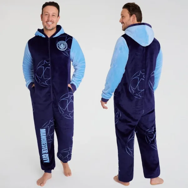This is an official Manchester City FC onesie for men and teens, made of soft fleece with a hood, zip front, and pockets, perfect for lounging or showing team spirit.