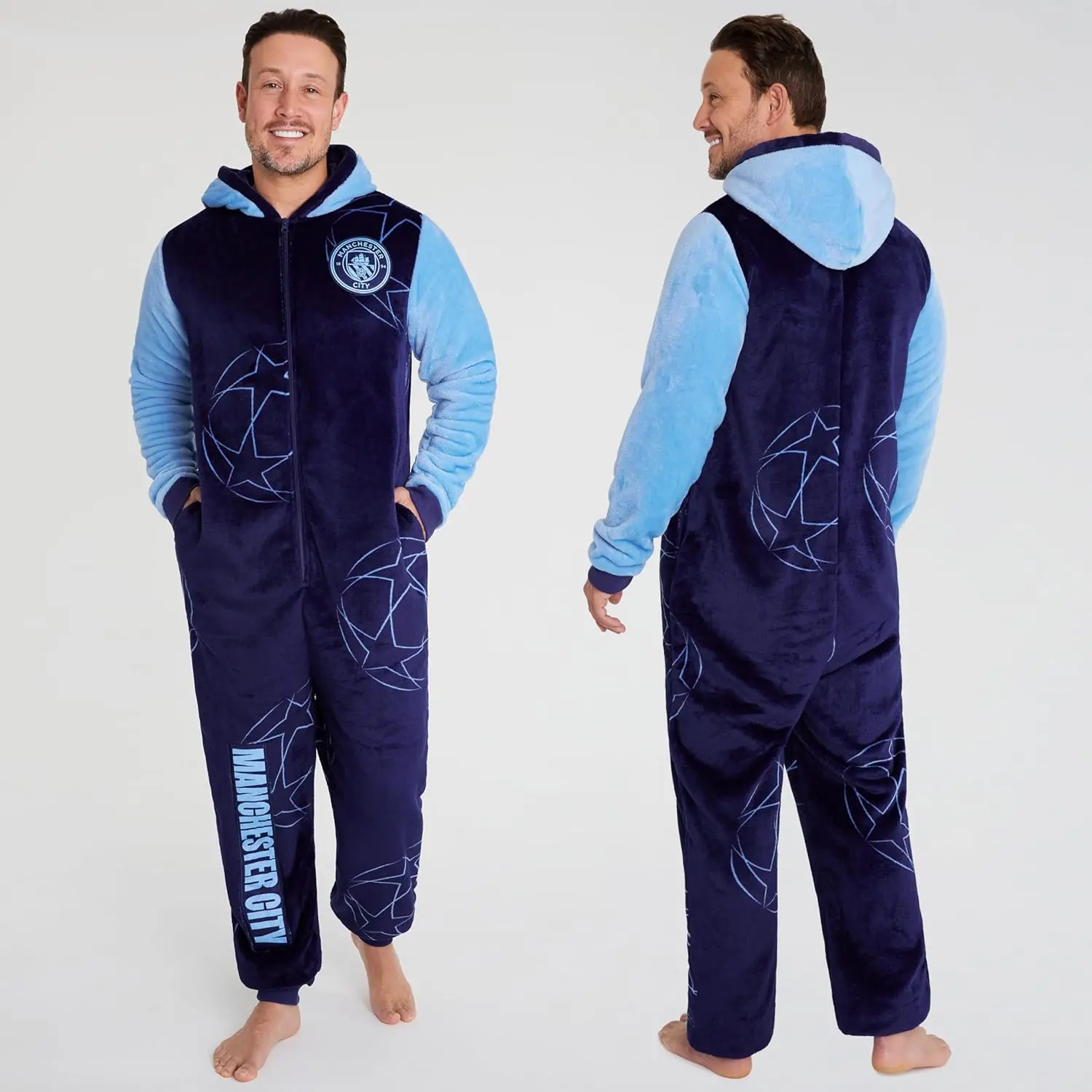This is an official Manchester City FC onesie for men and teens, made of soft fleece with a hood, zip front, and pockets, perfect for lounging or showing team spirit.